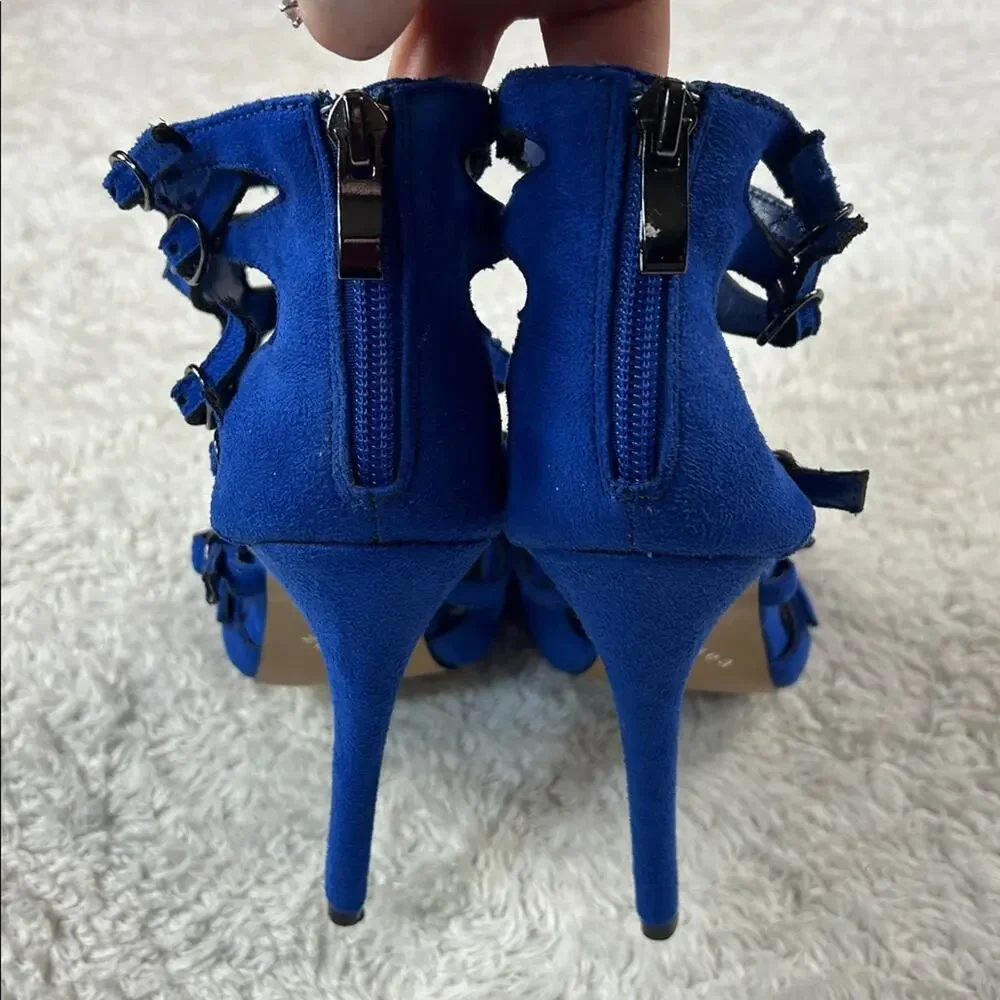 Chelsea and ZOe blue‎ suede peep toe stiletto cage heels, size 8